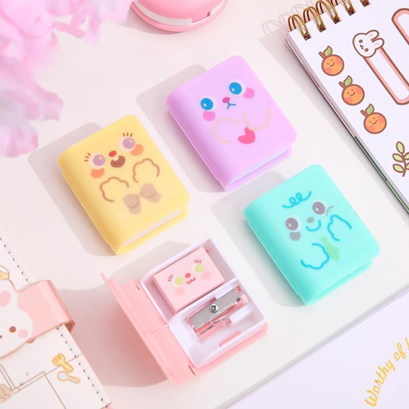 Katartizo 4Pcs Cute Dual Purpose Book Pencil Sharpener Eraser, Cute Cartoon Student Eraser Pencil Sharpener - Image 5